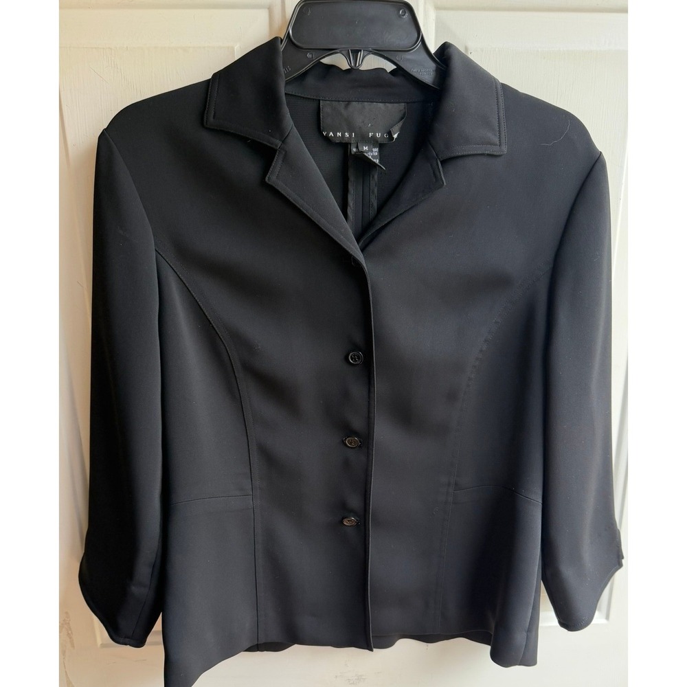 Yansi Fugel Womens Black Microfiber 3/4 Sleeve 4-Button Blazer Jacket Size M